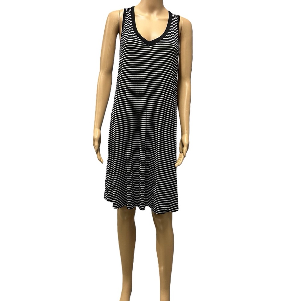 POL Rayon Black and White Striped Sleeveless V Neck Shirt Stretch Midi Dress M